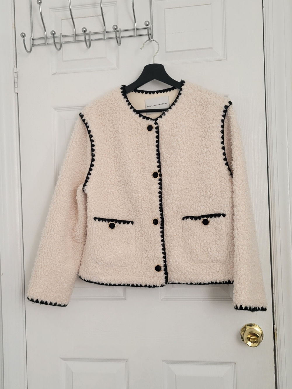 ENGLISH FACTORY Cream Bouclé Button-Front Jacket with Black Trim